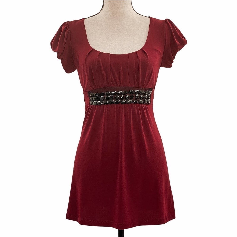 ING Red Embellished Short Sleeve Tie Back Tunic
